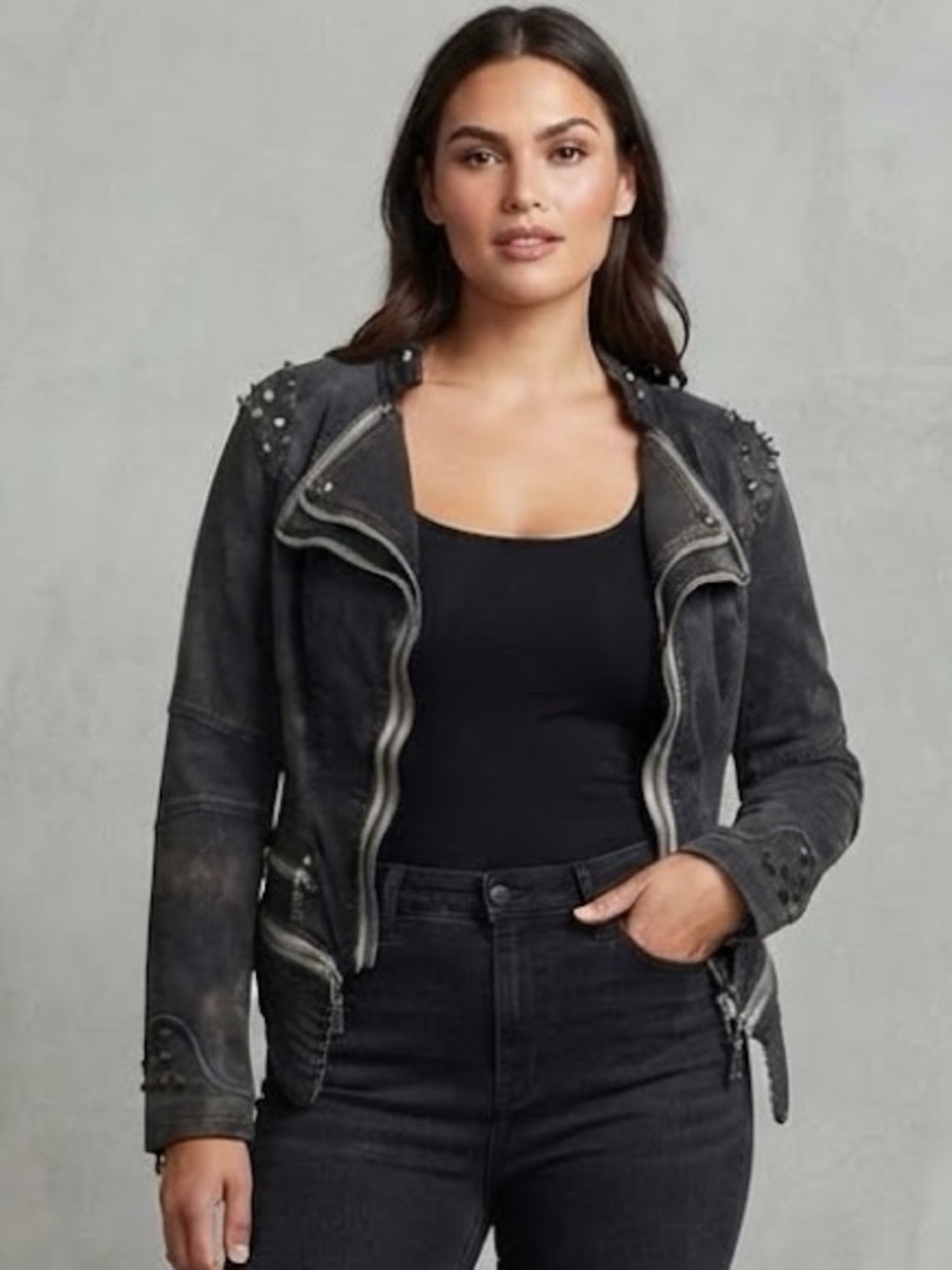 echolove Grey Denim Studded Women's biker moto Jacket - rare